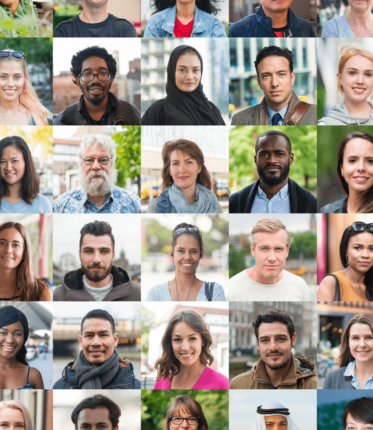 Images of many diverse people, smiling and looking directly at the camera.
